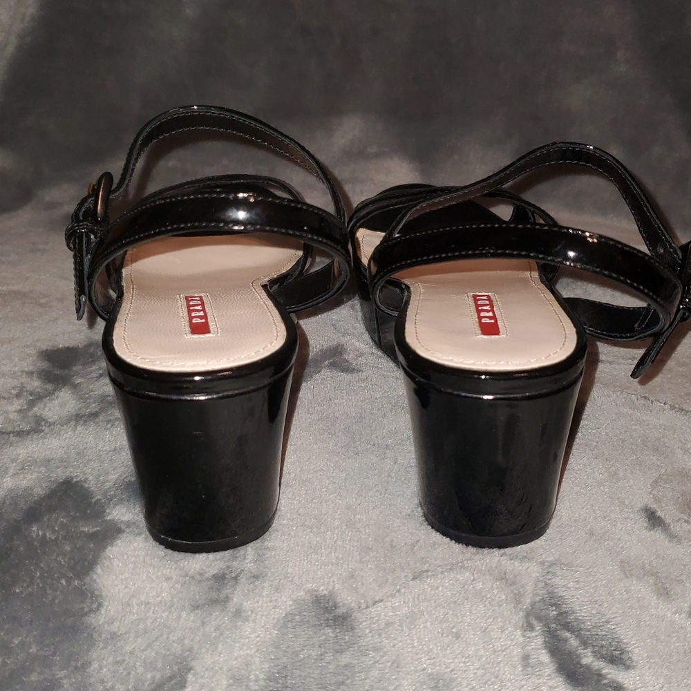 NWOB Prada Black Patent Leather Platform Wedge Sandal Size 37 1/2 - Picture 7 of 9